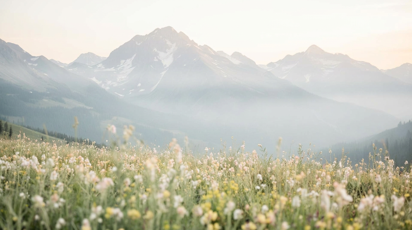 Misty mountain meadow at dawn with wildflowers